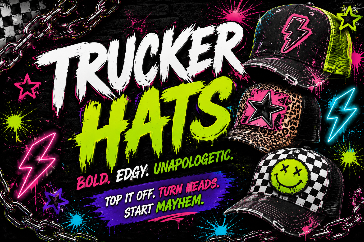 Handmade patchwork trucker hats with patches by Hempin Mayhem, featuring chains, neon graphics, checkered patterns.