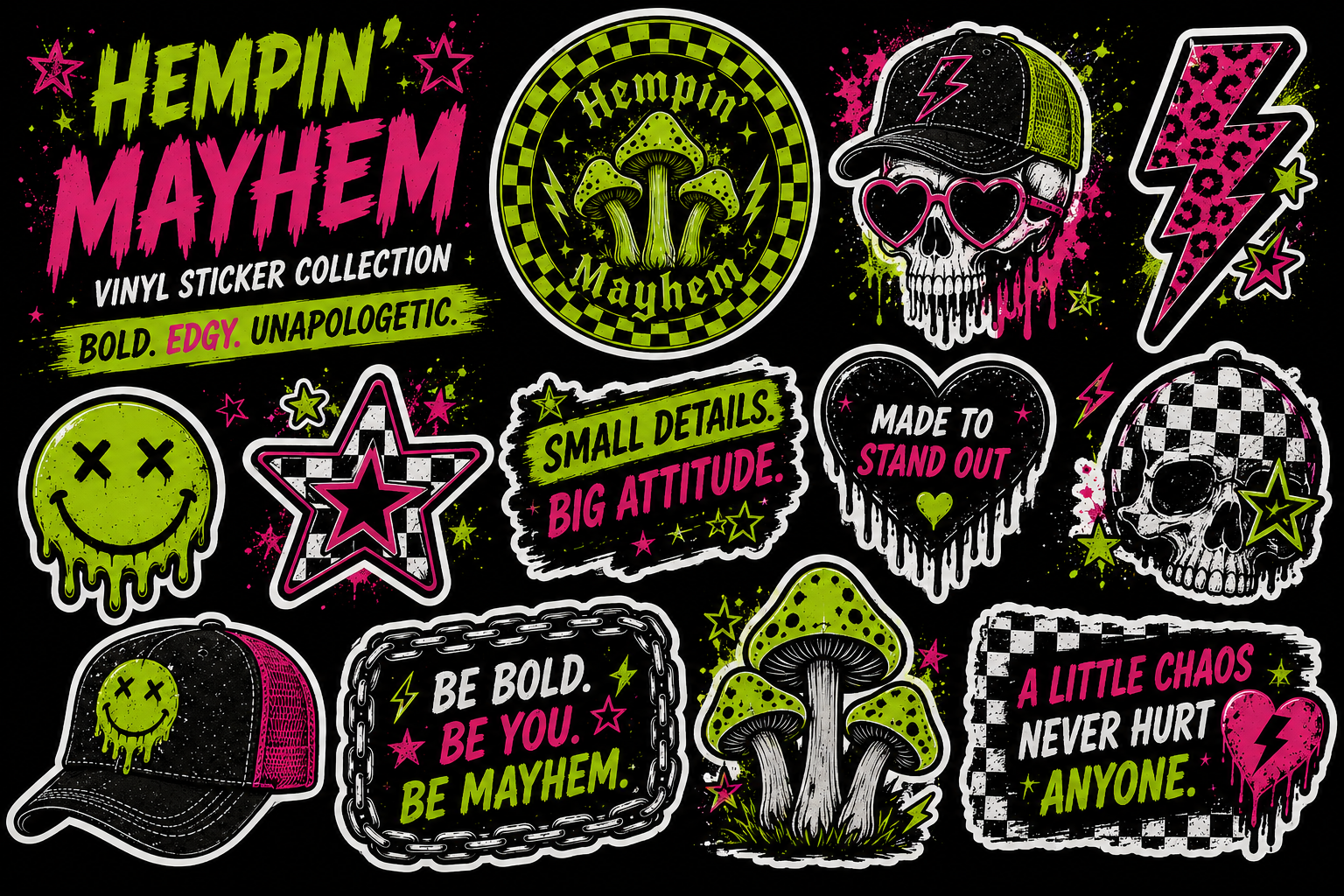 Neon sticker collage with skulls, mushrooms, stars, lightning, hearts, and checker patterns on black.
