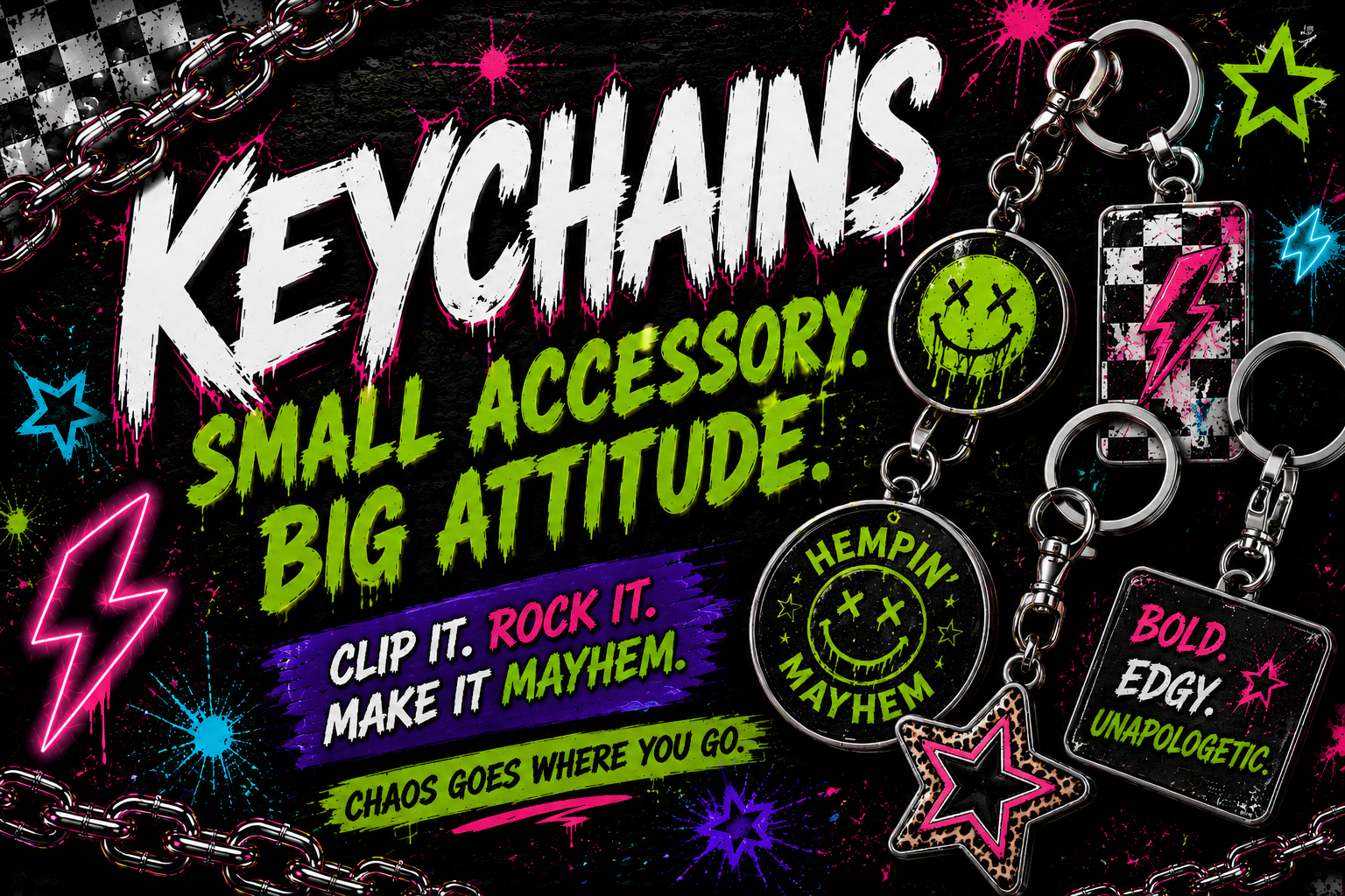 Handmade keychains by Hempin Mayhem: bold neon accessories with smiley faces lightning bolts, stars, checkered patterns