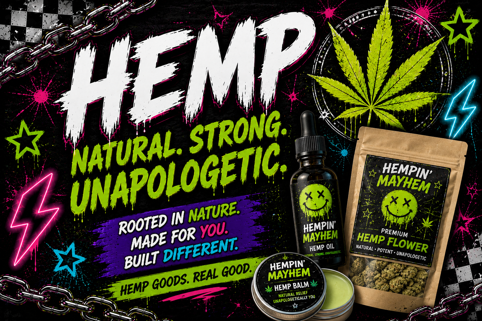 Handmade Hemp Chaos by Hempin Mayhem features natural hemp accessories, hemp oil, balm, and premium hemp flower.