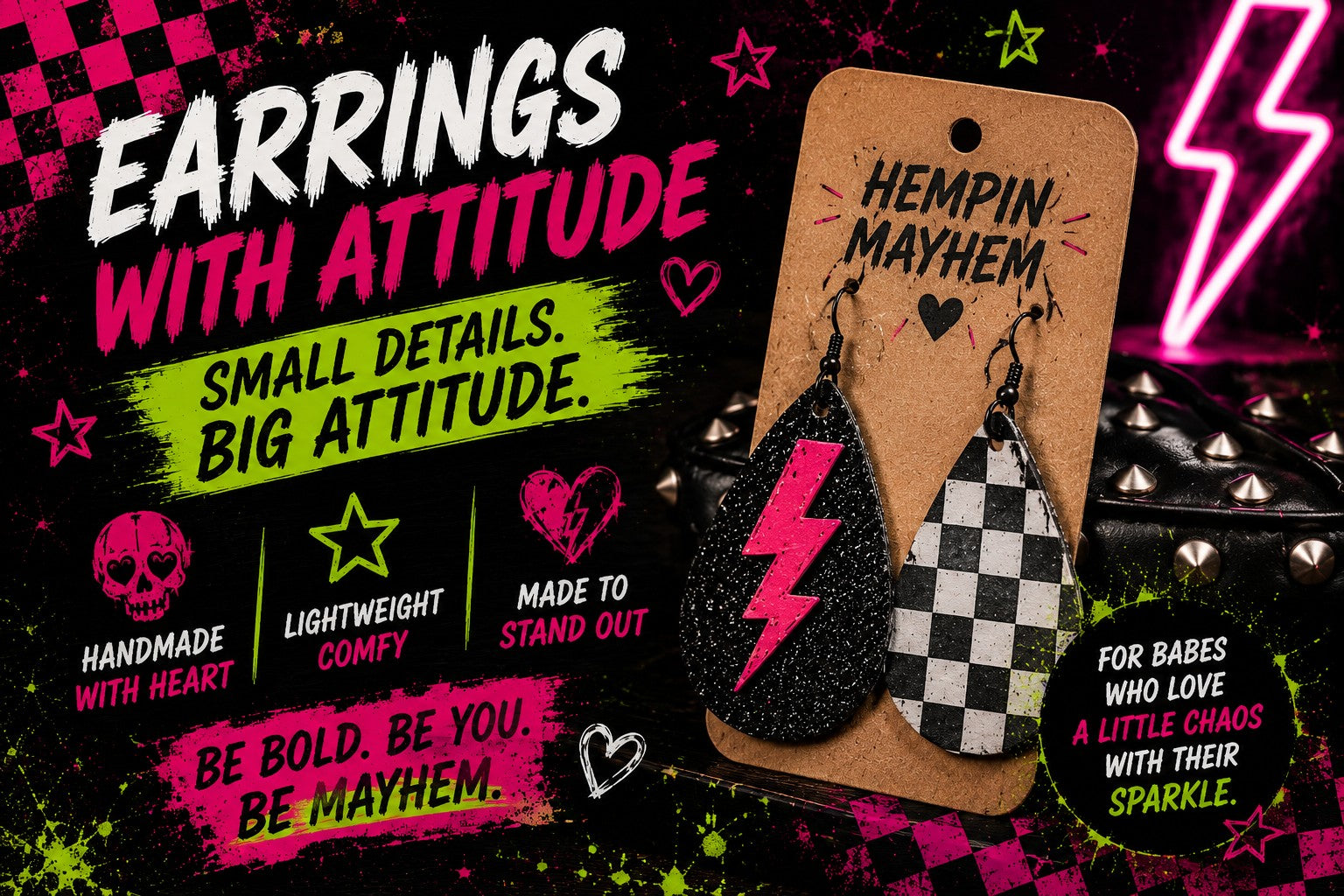 Sassy & Alternative Handmade Earrings: pink lightning-bolt teardrop & black-and-white checkerboard teardrop