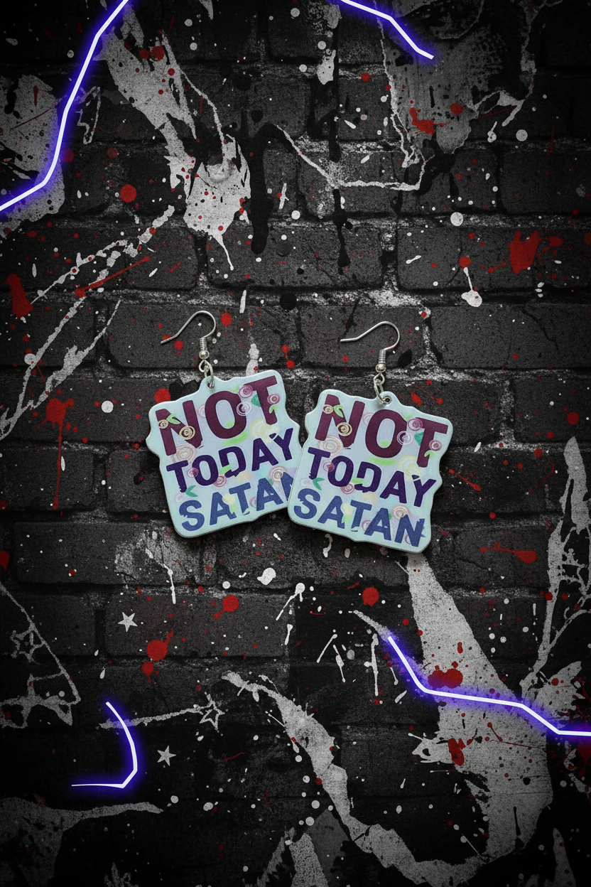 White Pink and Blue Not Today Satan Earrings: Handmade Gothic Witchy Jewelry