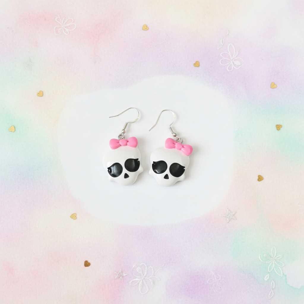 Skull Earrings with Pink Bow – Creepy Goth Jewelry
