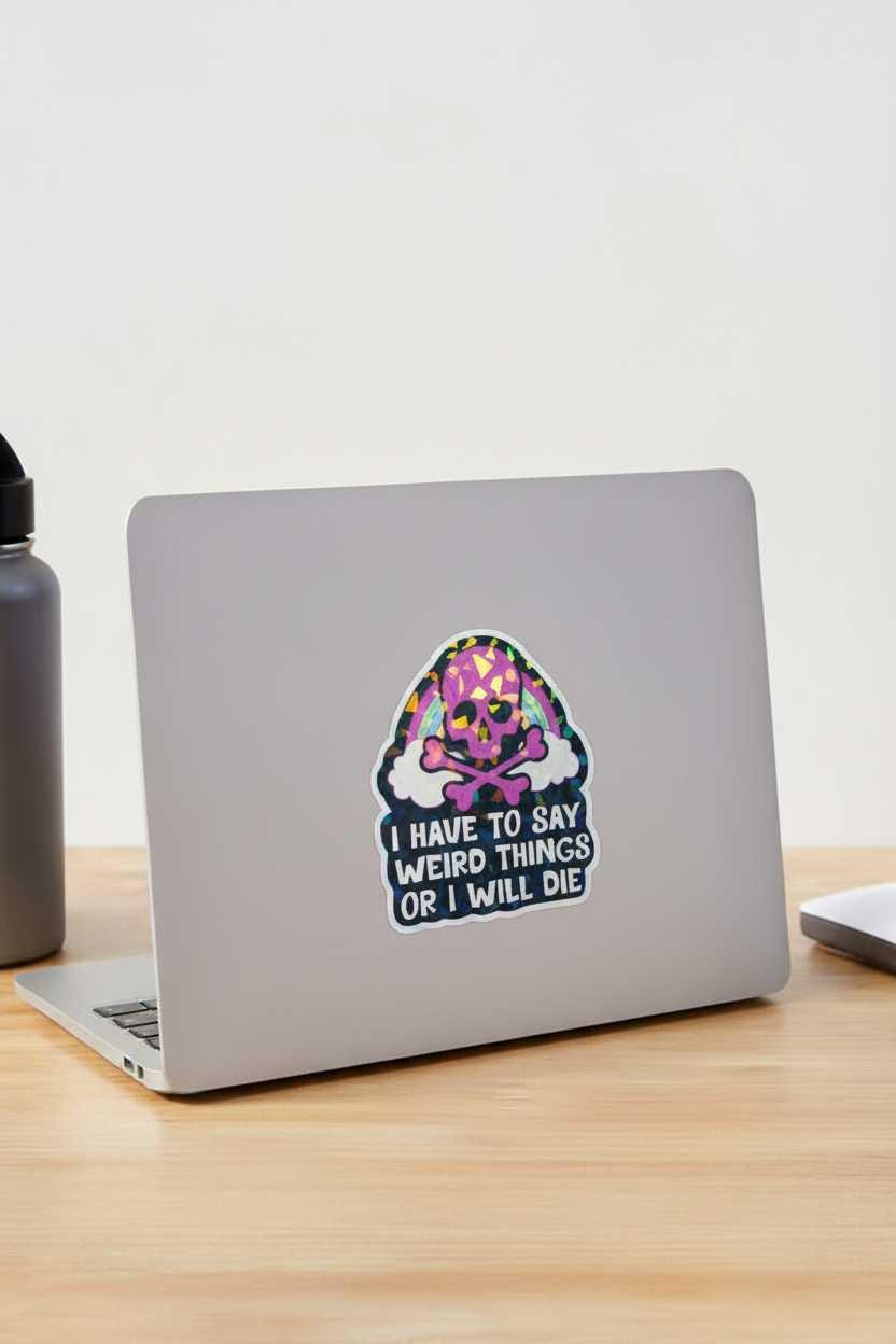 Funny Weird Stuff Skull Sticker | Rainbow Vinyl Sticker | Pink & Black Goth Decal | Waterproof Laptop Sticker | Chaos Gremlin Gift | Funny Water Bottle Sticker