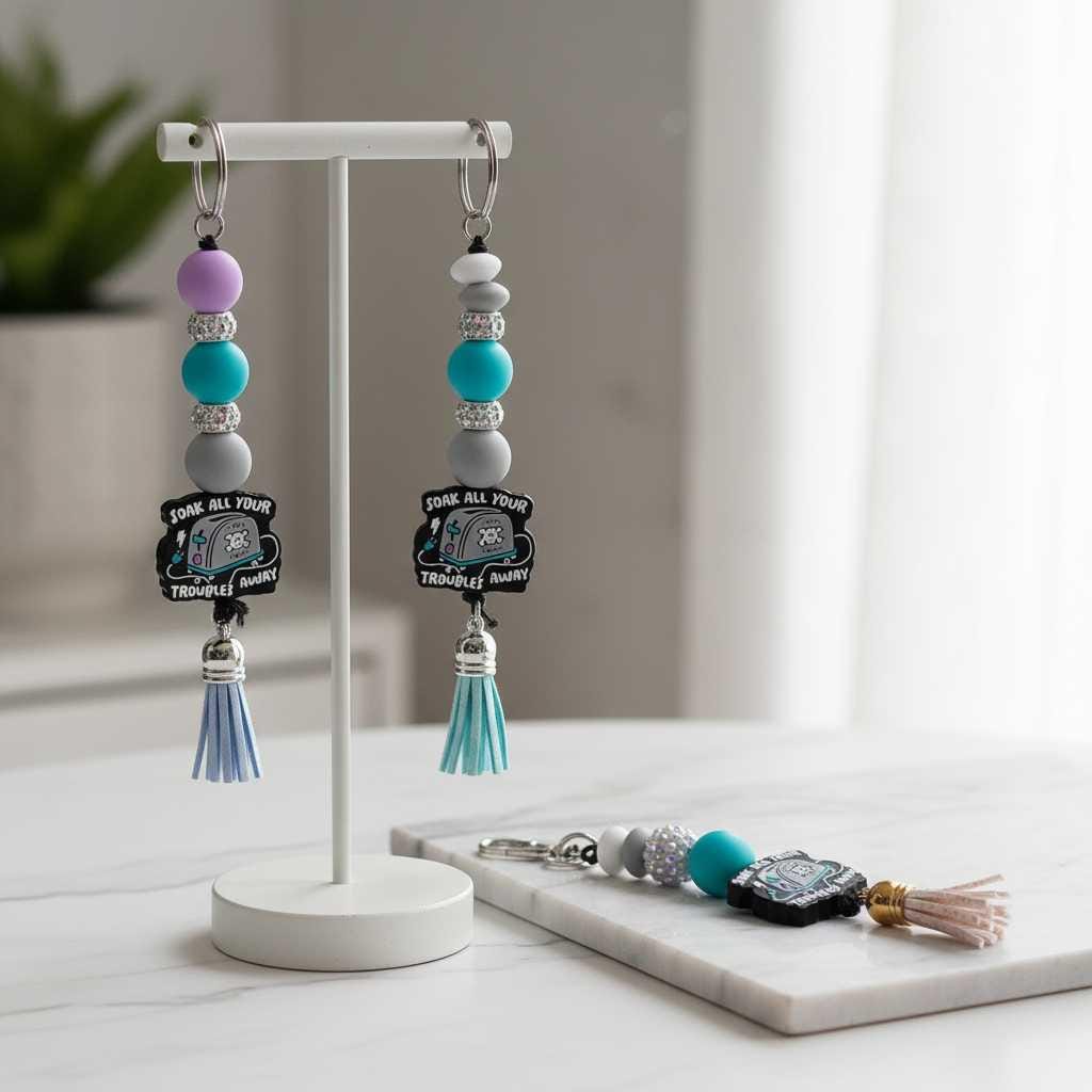 Gray Purple and blue Toaster Soak All Your Troubles Away Beaded Keychain
