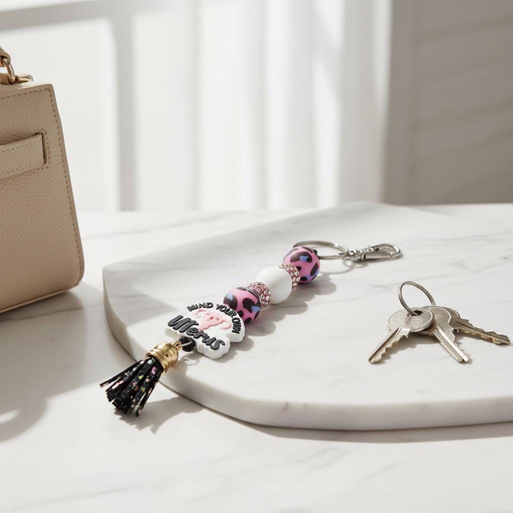 Mind Your Own Uterus Pink & White Beaded Keychain | Feminist Gift | Body Autonomy Accessory | Handmade Statement Keychain