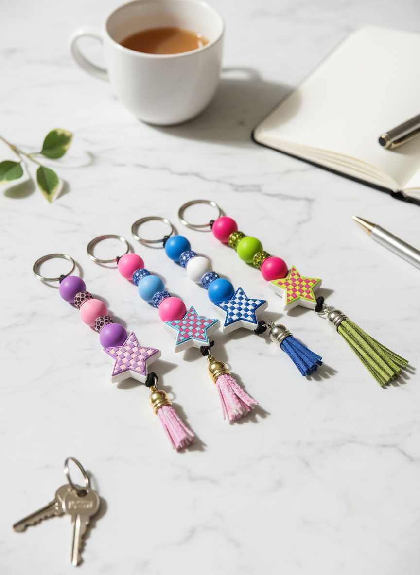 Handmade Multicolor Checkered Star Beaded Keychain | Colorful Purse Charm | Retro Silicone Keychain | Backpack Accessory | Cute Gift for Her