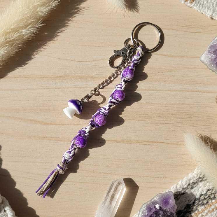 Handmade Hemp Keychain with Purple Mushroom Bead | Boho Beaded Keychain | Cottagecore Bag Charm | Nature Inspired Gift | Glass Bead Keyring