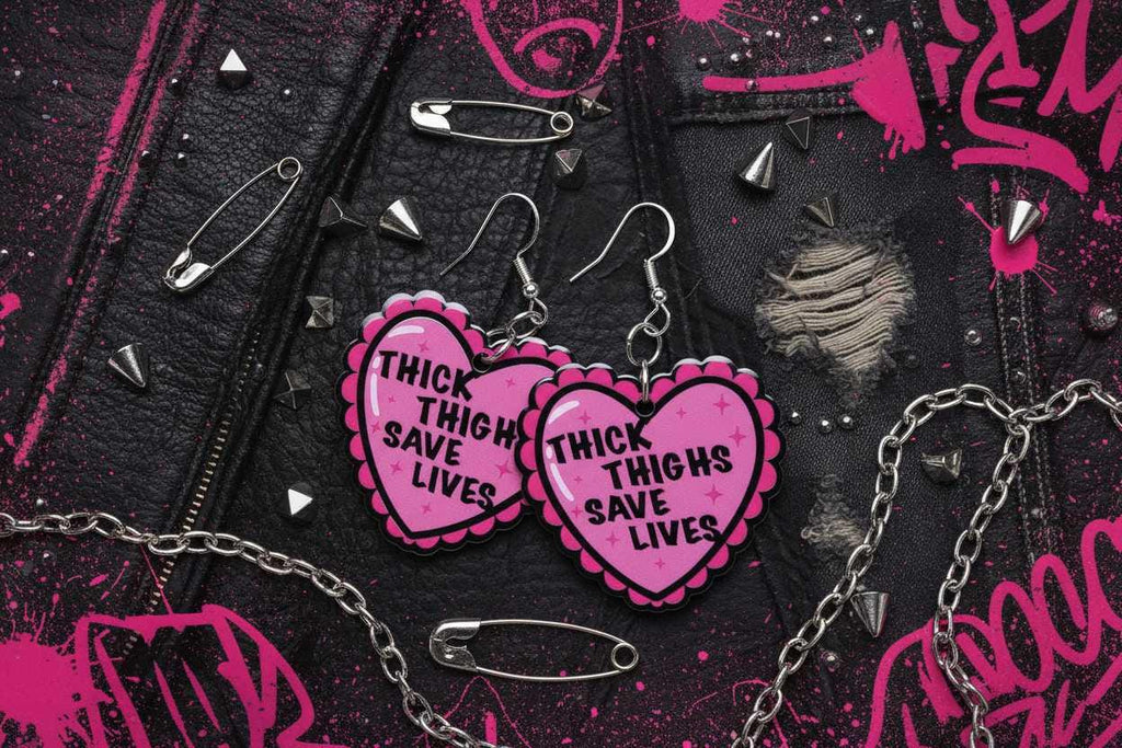 Thick Thighs Save Lives Heart Dangle Earrings | Funny Body Positive Handmade Statement Jewelry