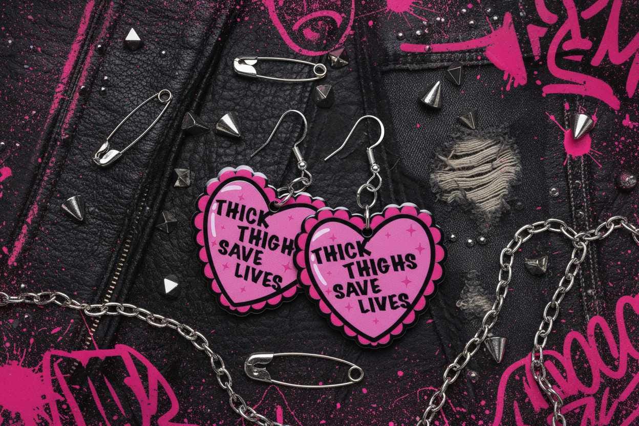 Thick Thighs Save Lives Heart Dangle Earrings | Funny Body Positive Handmade Statement Jewelry
