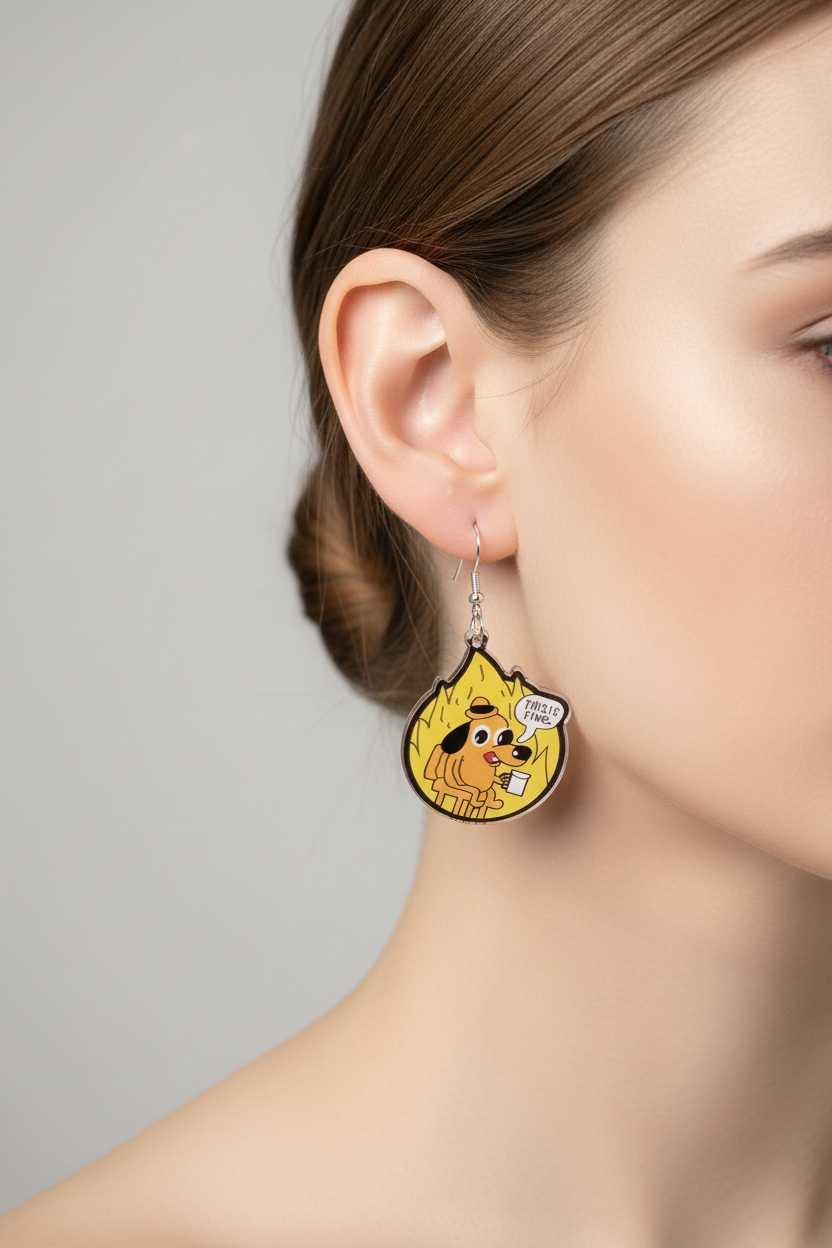 Yellow and Black This Is Fine Dangle Earrings | Funny Meme Accessory| Dumpster Fire Gift
