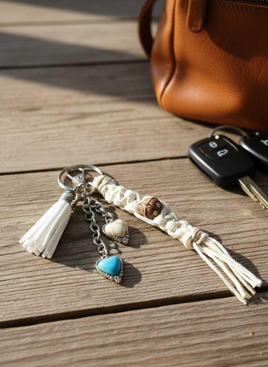 Handmade Hemp Mini Keychain with Tassel & Charms | Boho Eco-Friendly Bag Charm