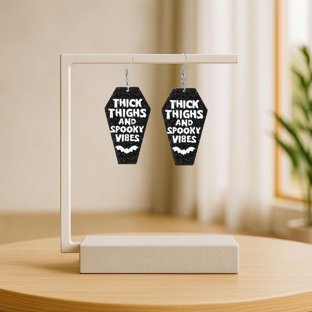 Coffin Halloween Earrings: Thick Thighs Spooky Vibes, Black Acrylic