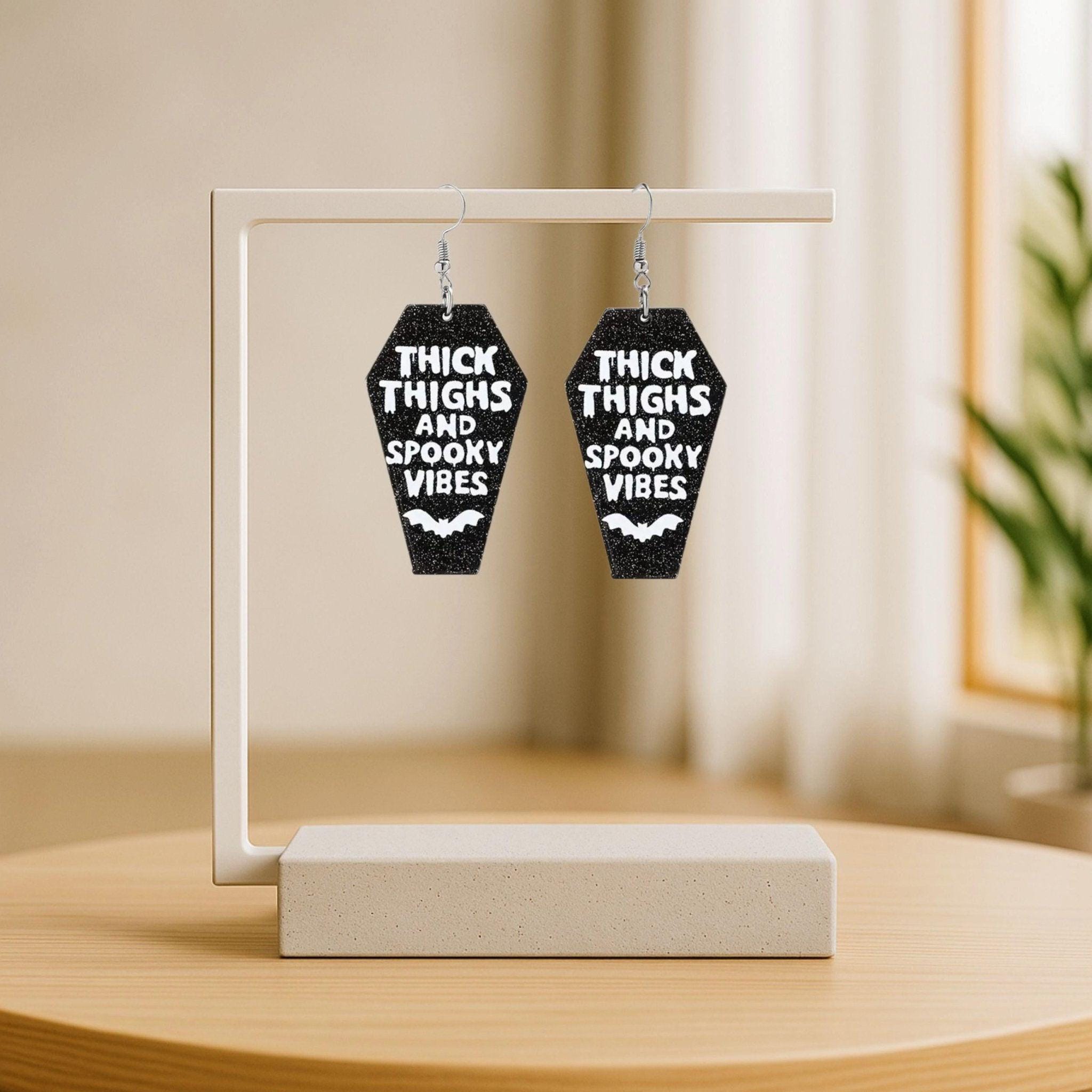 Coffin Halloween Earrings: Thick Thighs Spooky Vibes, Black Acrylic