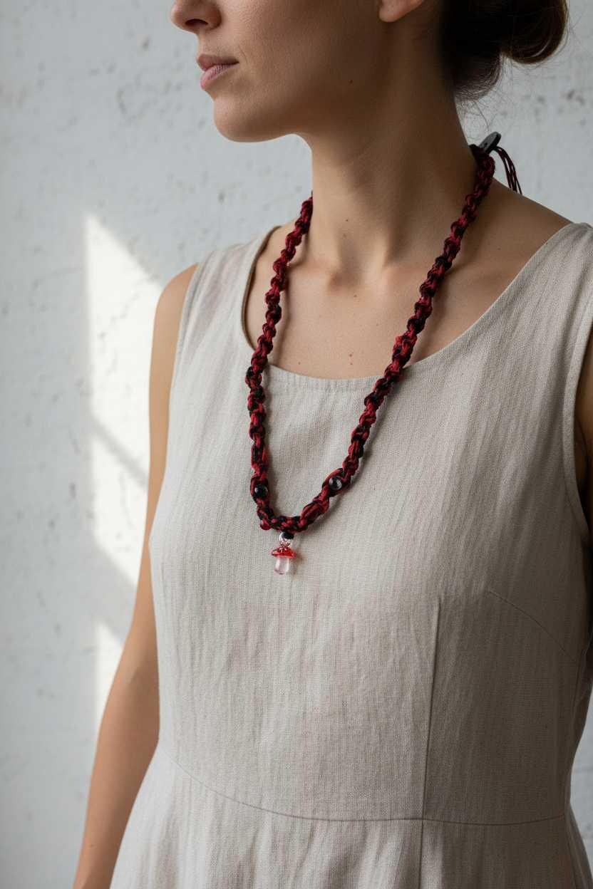 Red and Black Hemp Necklace – Handmade Boho Hemp Jewelry, Unisex Macrame Alternative Style Accessory