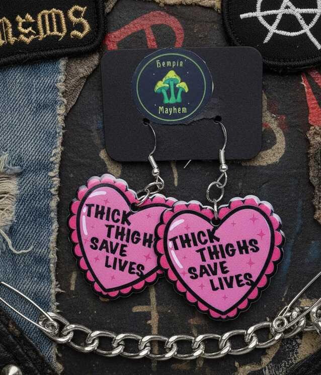 Thick Thighs Save Lives Heart Dangle Earrings | Funny Body Positive Handmade Statement Jewelry