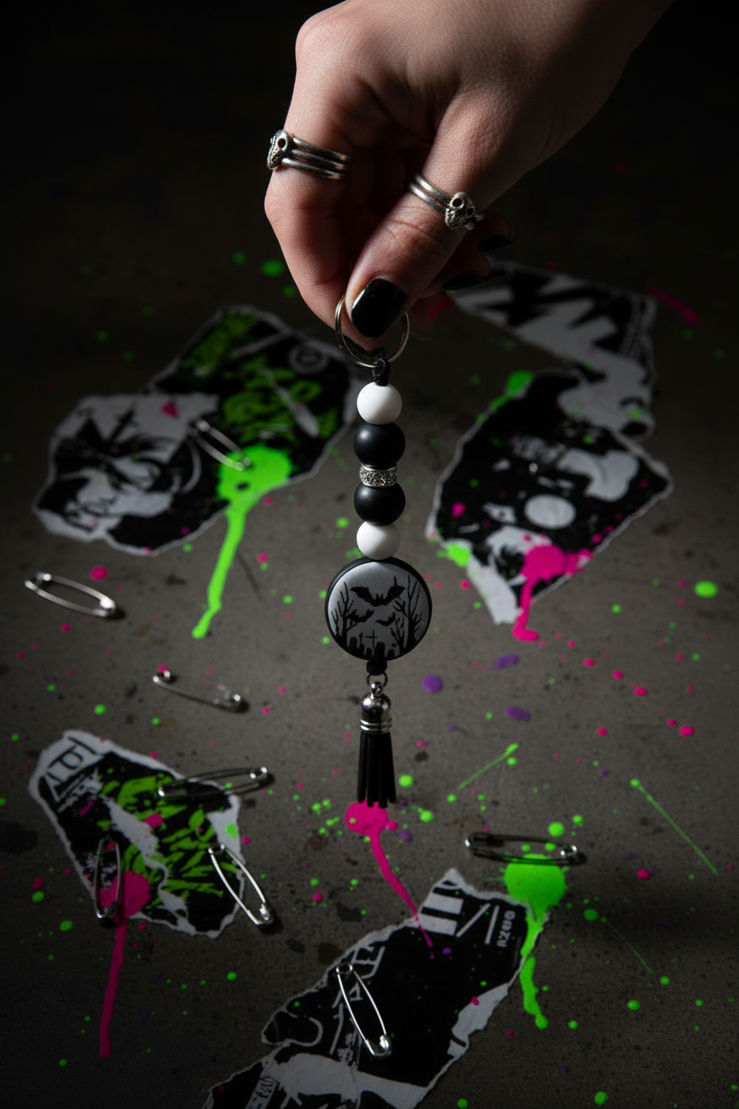 Black & White Graveyard Bats Beaded Keychain | Spooky Gothic Halloween Bag Charm
