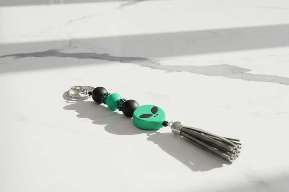 Green and Black Alien Head Keychain: Space Babe Beads, UFO Gift