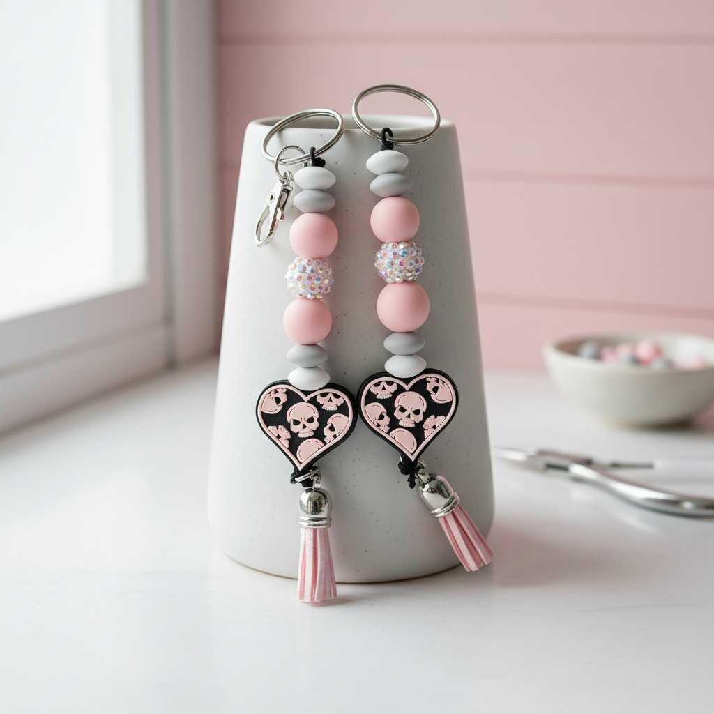 Handmade Pink & Black Skull Heart Beaded Keychain | Cute Goth Keychain | Gothic Purse Charm | Halloween Accessory | Alternative Gift