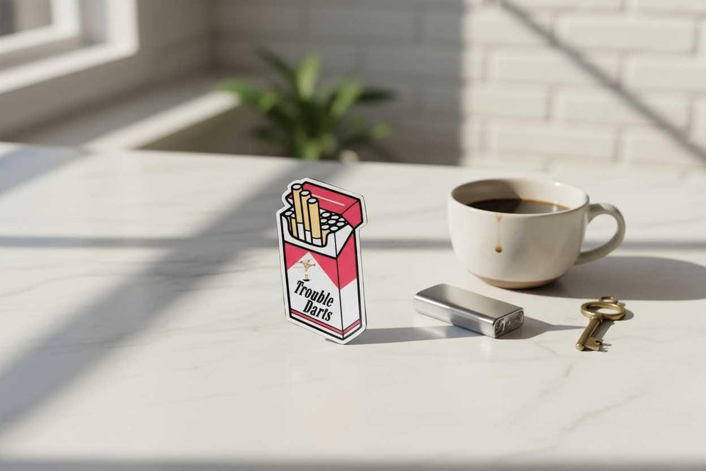 Red and White Trouble Darts Cigarette Pack Vinyl Sticker | 2x2