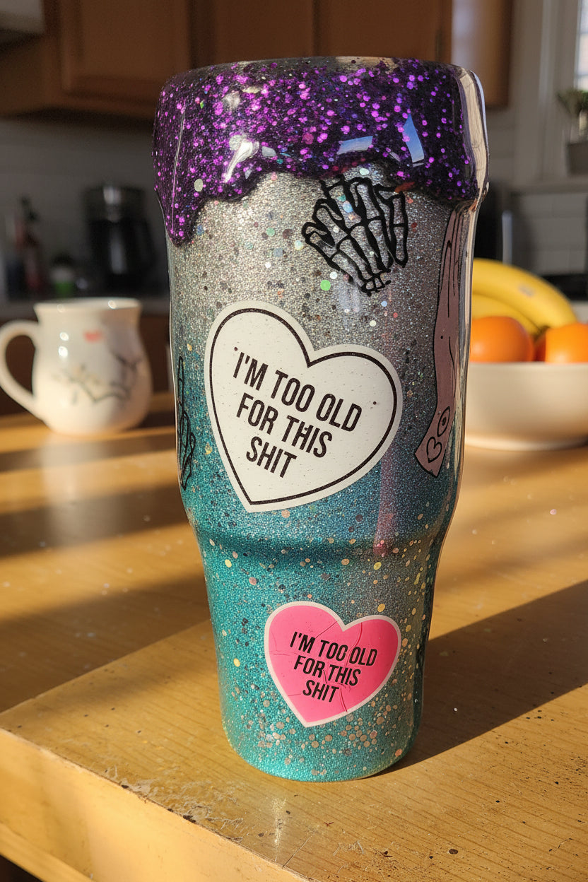 Too Old for This Tumbler 20oz – Turquoise Glitter Purple Drip Epoxy Cup, Funny Sarcastic Stainless Steel Coffee Tumbler