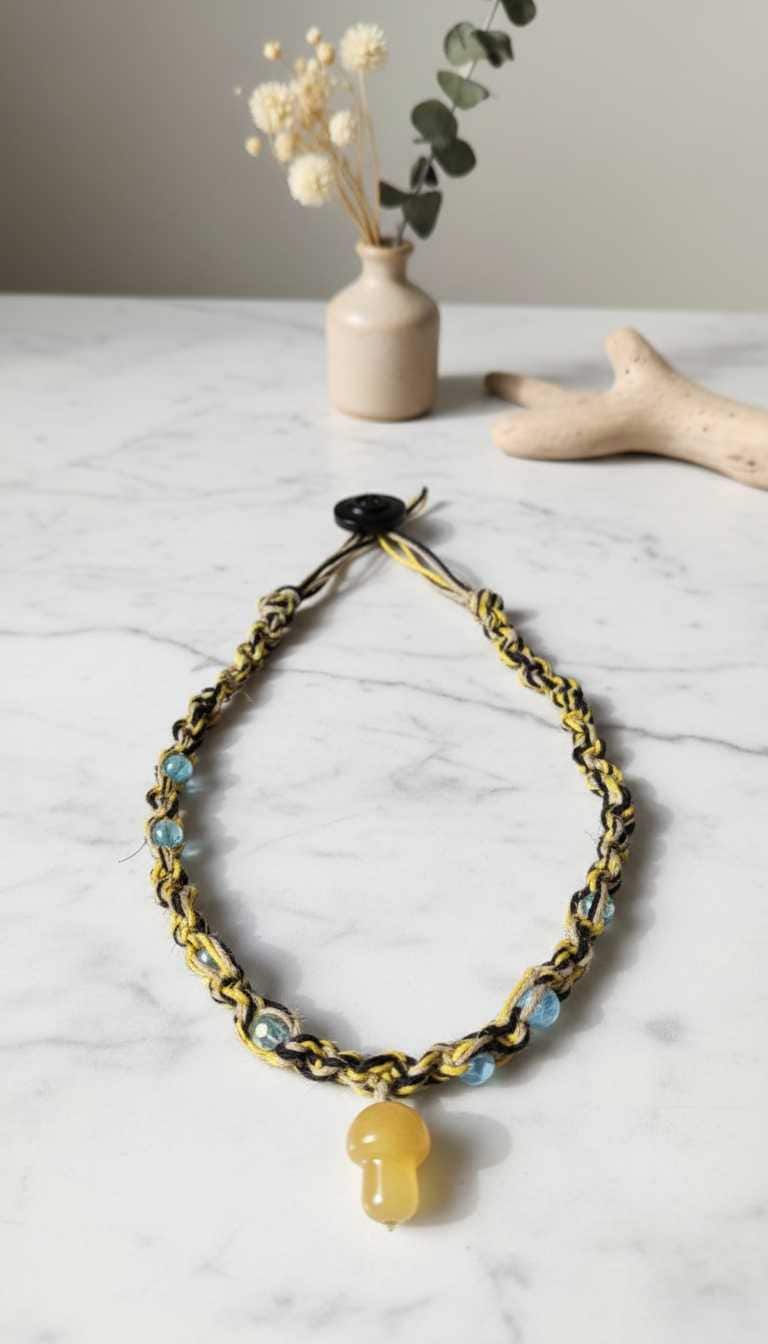 Hemp Necklace with Yellow Mushroom Bead | Boho Cottagecore Nature Jewelry - Hempin Mayhem