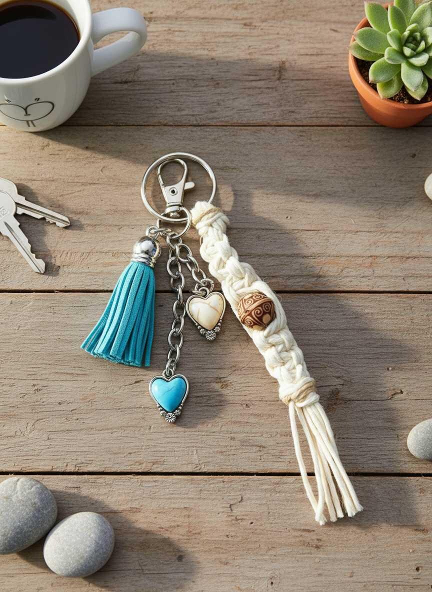 Handmade Hemp Mini Keychain with Tassel & Charms | Boho Eco-Friendly Bag Charm