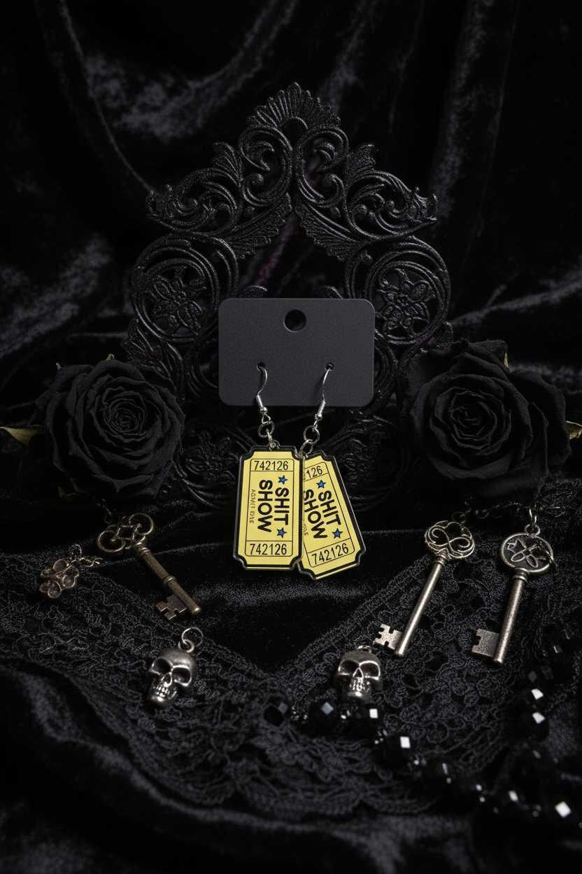 Black & Yellow Sh*t Show Ticket Earrings | Funny Acrylic Statement Dangles