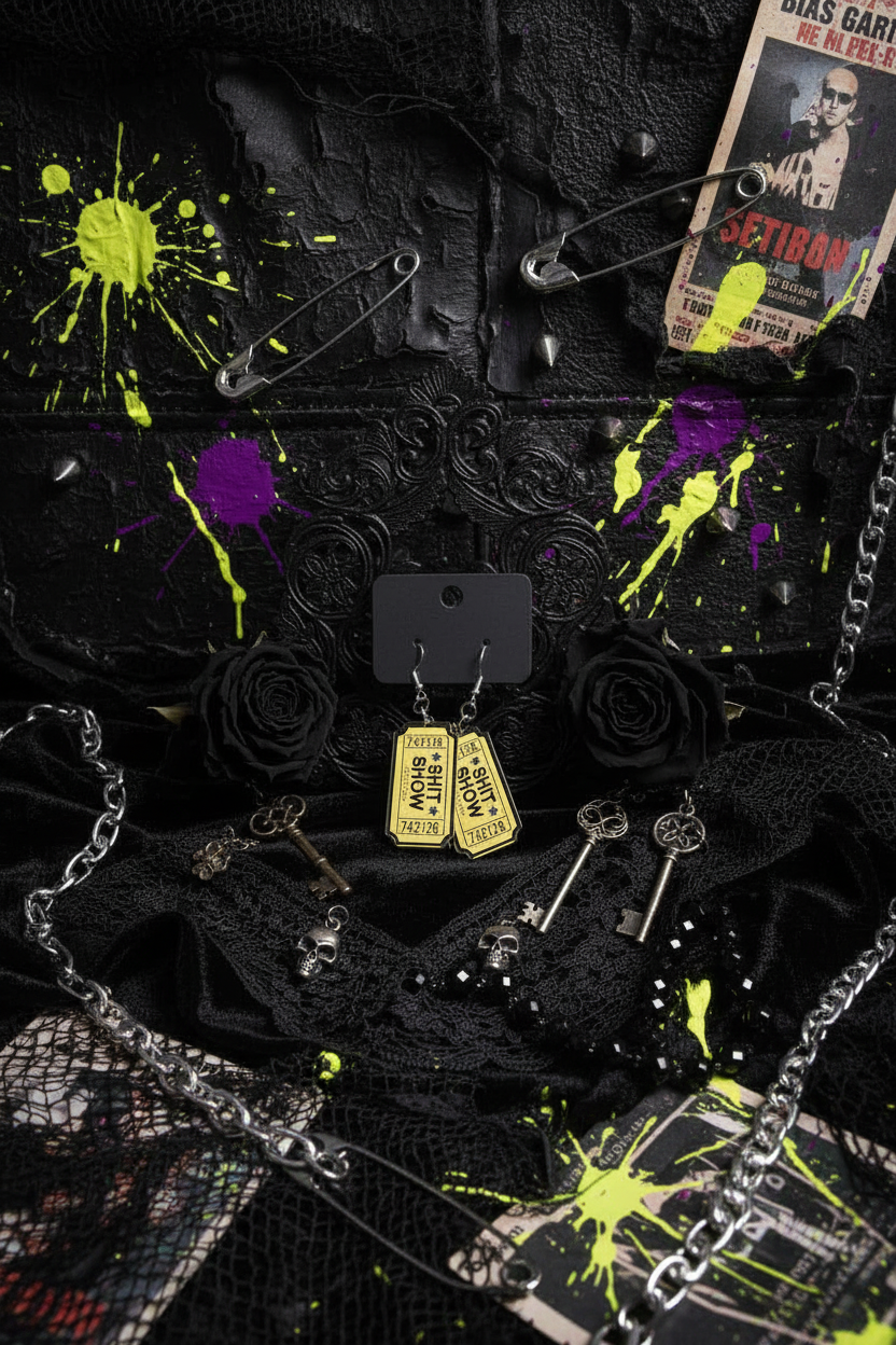Black & Yellow Sh*t Show Ticket Earrings | Funny Acrylic Statement Dangles