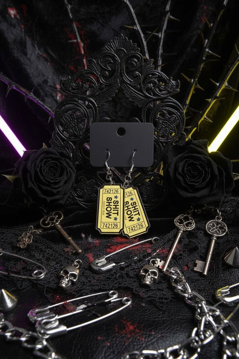 Black & Yellow Sh*t Show Ticket Earrings | Funny Acrylic Statement Dangles