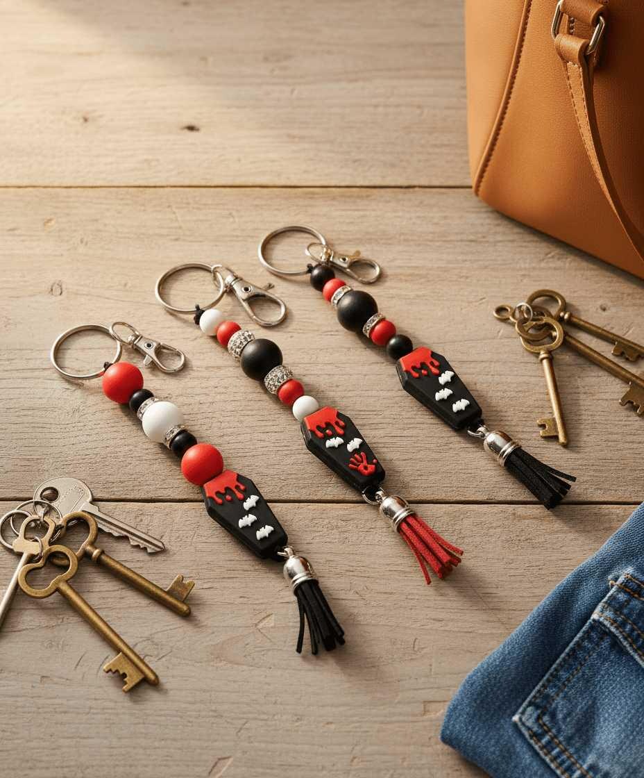 Coffin Cutie Beaded Keychain | Gothic Halloween Keychain | Spooky Cute Bag Charm | Witchy Gift for Her | Creepy Cute Accessory