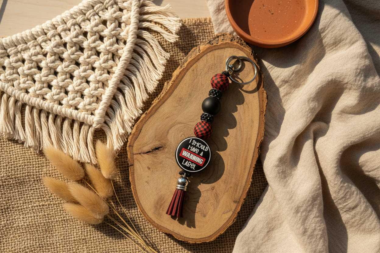 Should Have a Warning Label Beaded Keychain | Funny Keychain | Snarky Gift | Handmade Tassel Keychain | Bag Charm | Purse Accessory