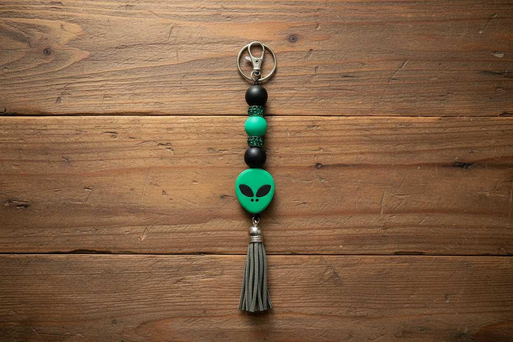 Green and Black Alien Head Keychain: Space Babe Beads, UFO Gift