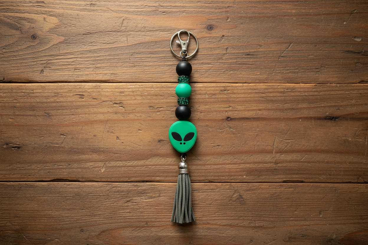 Green and Black Alien Head Keychain: Space Babe Beads, UFO Gift