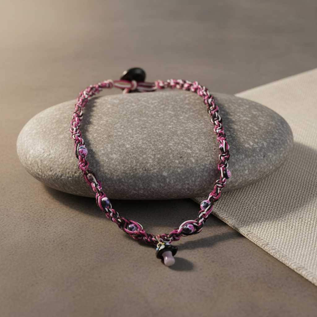 Handmade Hemp Necklace: Black Glass Mushroom Bead