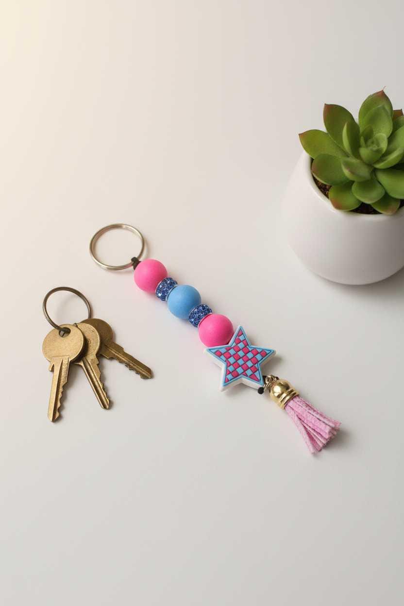 Handmade Multicolor Checkered Star Beaded Keychain | Colorful Purse Charm | Retro Silicone Keychain | Backpack Accessory | Cute Gift for Her