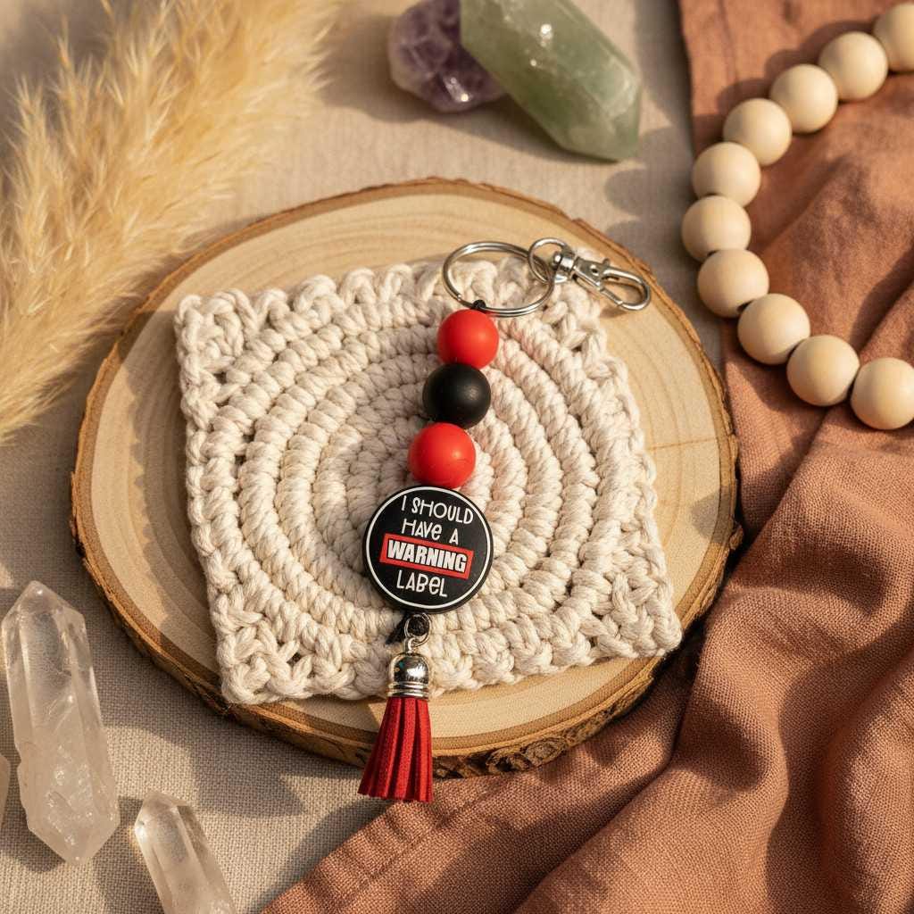 Should Have a Warning Label Beaded Keychain | Funny Keychain | Snarky Gift | Handmade Tassel Keychain | Bag Charm | Purse Accessory