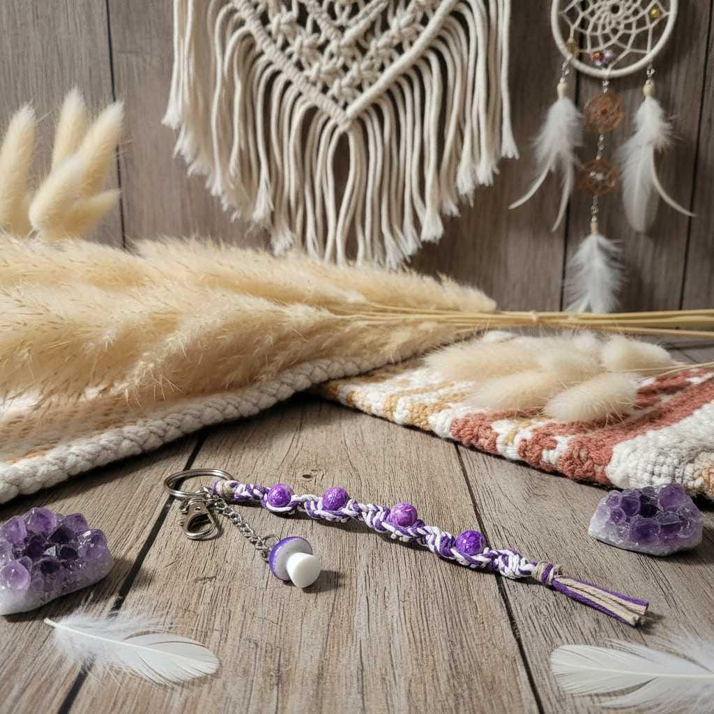 Handmade Hemp Keychain with Purple Mushroom Bead | Boho Beaded Keychain | Cottagecore Bag Charm | Nature Inspired Gift | Glass Bead Keyring