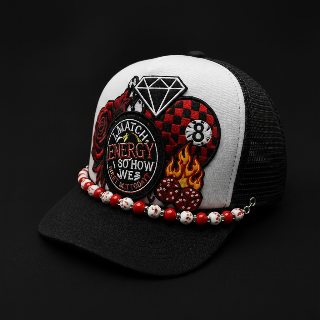 I Match Energy So How We Gon Act Today Trucker Hat | Handmade Patchwork Snapback Hat with Hat Chain
