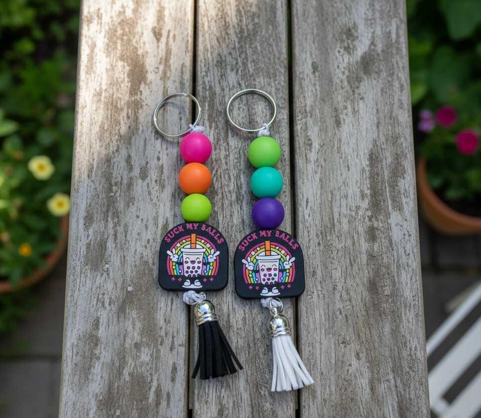 Beaded Keychain – Black Pink & Purple Wristlet Keychain, Funny Bag Charm, Trendy Handmade Accessory Gift