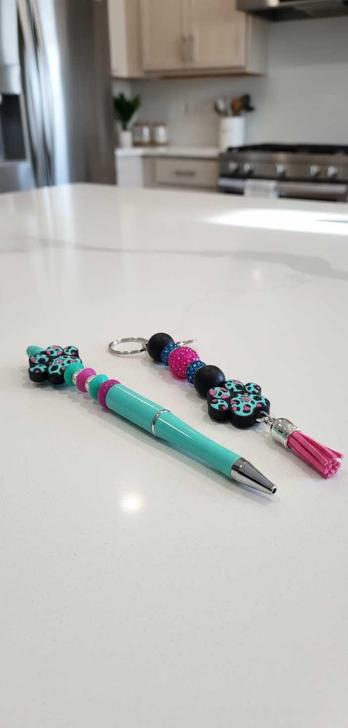 Leopard Paw Print Pen & Keychain Gift Set | Animal Print Pen & Acrylic Paw Keychain | Cute Desk Accessory | Teacher Gift | Coworker Gift