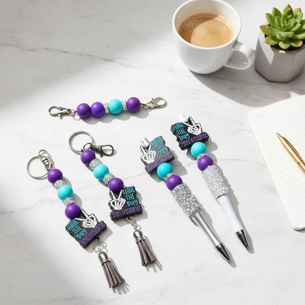 Purple and Blue Beaded Pen & Keychain Gift Set
