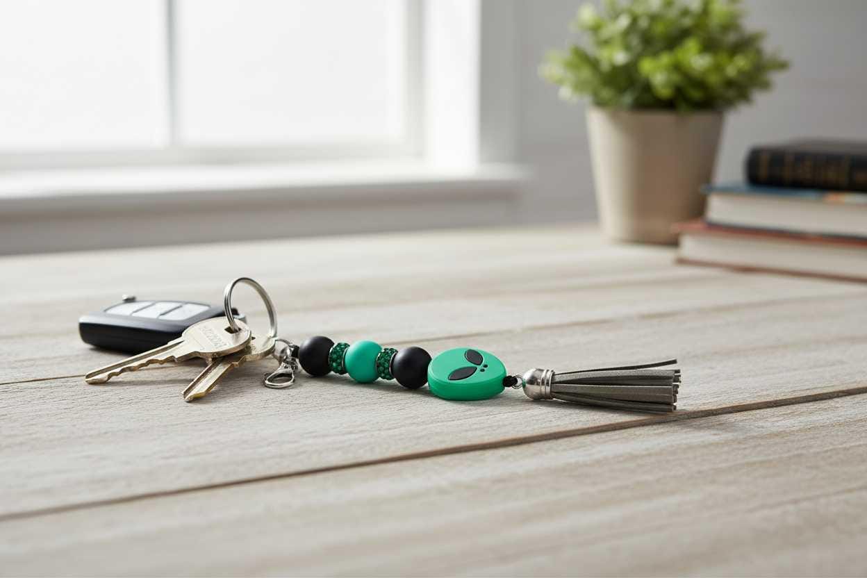 Green and Black Alien Head Keychain: Space Babe Beads, UFO Gift