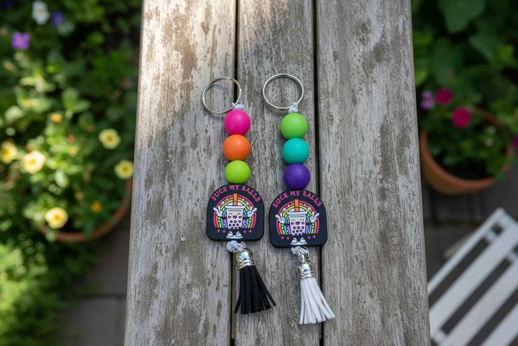 Beaded Keychain – Black Pink & Purple Wristlet Keychain, Funny Bag Charm, Trendy Handmade Accessory Gift