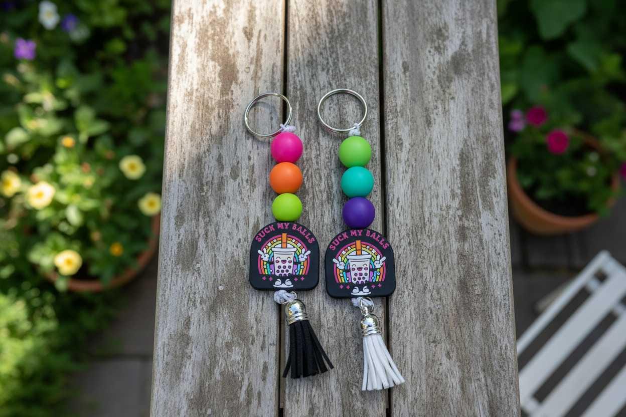 Beaded Keychain – Black Pink & Purple Wristlet Keychain, Funny Bag Charm, Trendy Handmade Accessory Gift