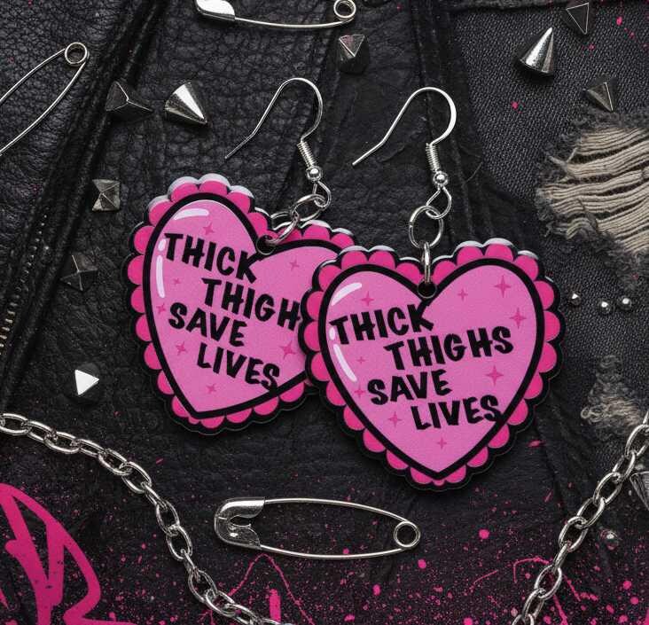 Thick Thighs Save Lives Heart Dangle Earrings | Funny Body Positive Handmade Statement Jewelry