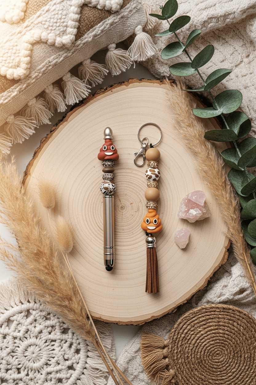 Funny Poop Emoji Gift Set | Handmade Beaded Keychain, Pen & Sticker | Hempin Mayhem