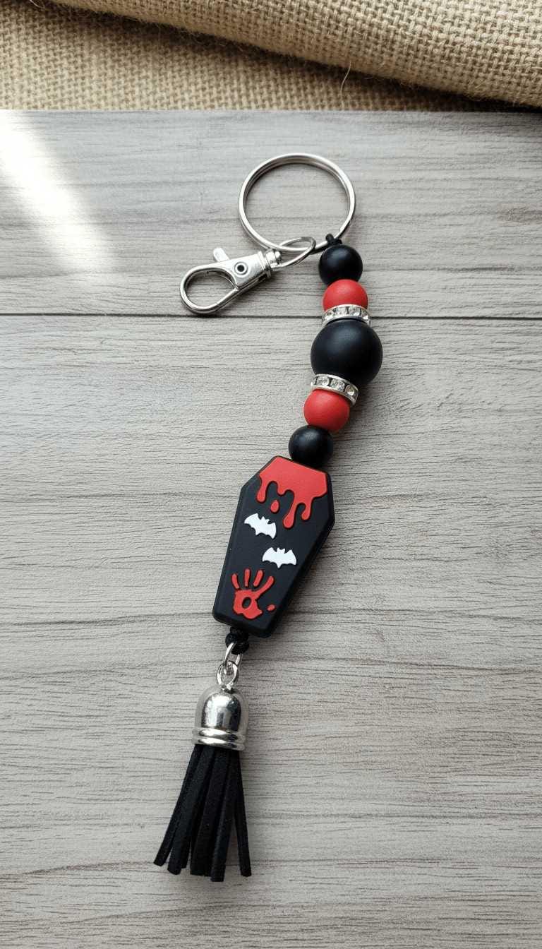 Coffin Cutie Beaded Keychain | Gothic Halloween Keychain | Spooky Cute Bag Charm | Witchy Gift for Her | Creepy Cute Accessory