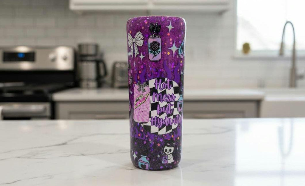 Purple Glitter Epoxy Tumbler | "Hot Mess But Hydrated" Stainless Steel Skinny Cup