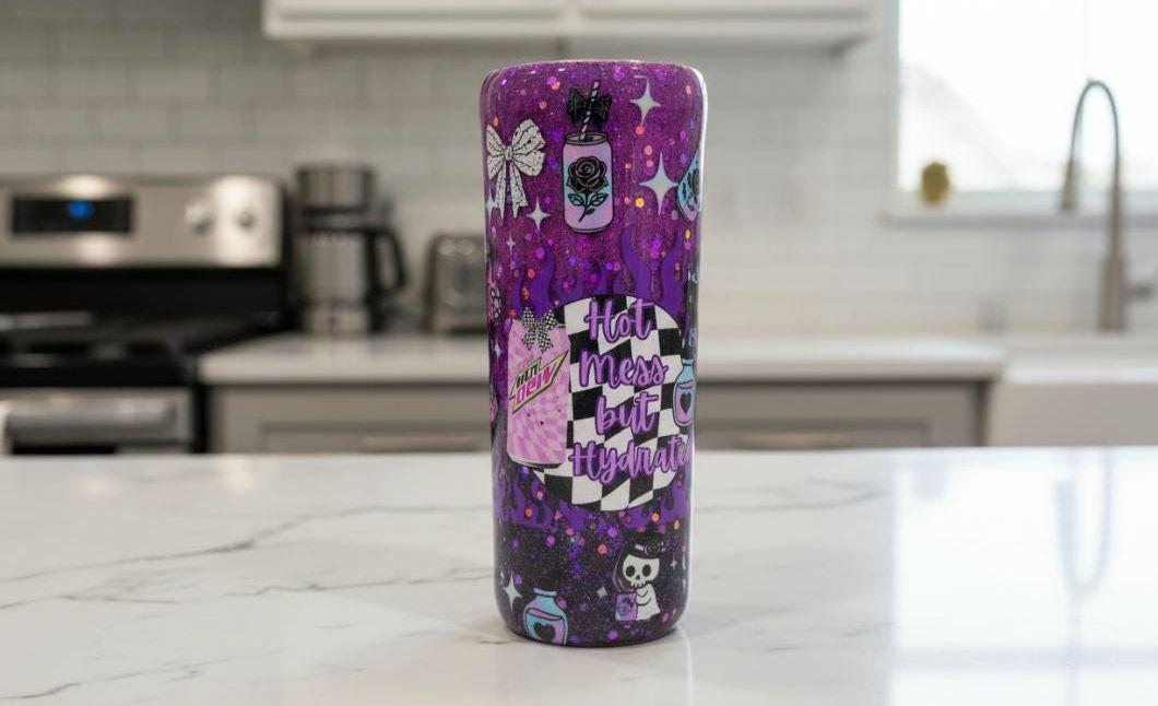 Purple Glitter Epoxy Tumbler | "Hot Mess But Hydrated" Stainless Steel Skinny Cup